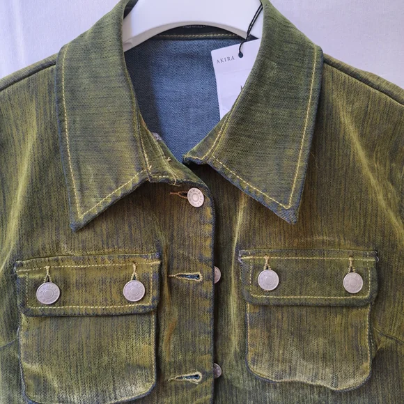 Akira Moss Green Distressed Velvet Cropped Jacket Size M - Picture 10 of 14